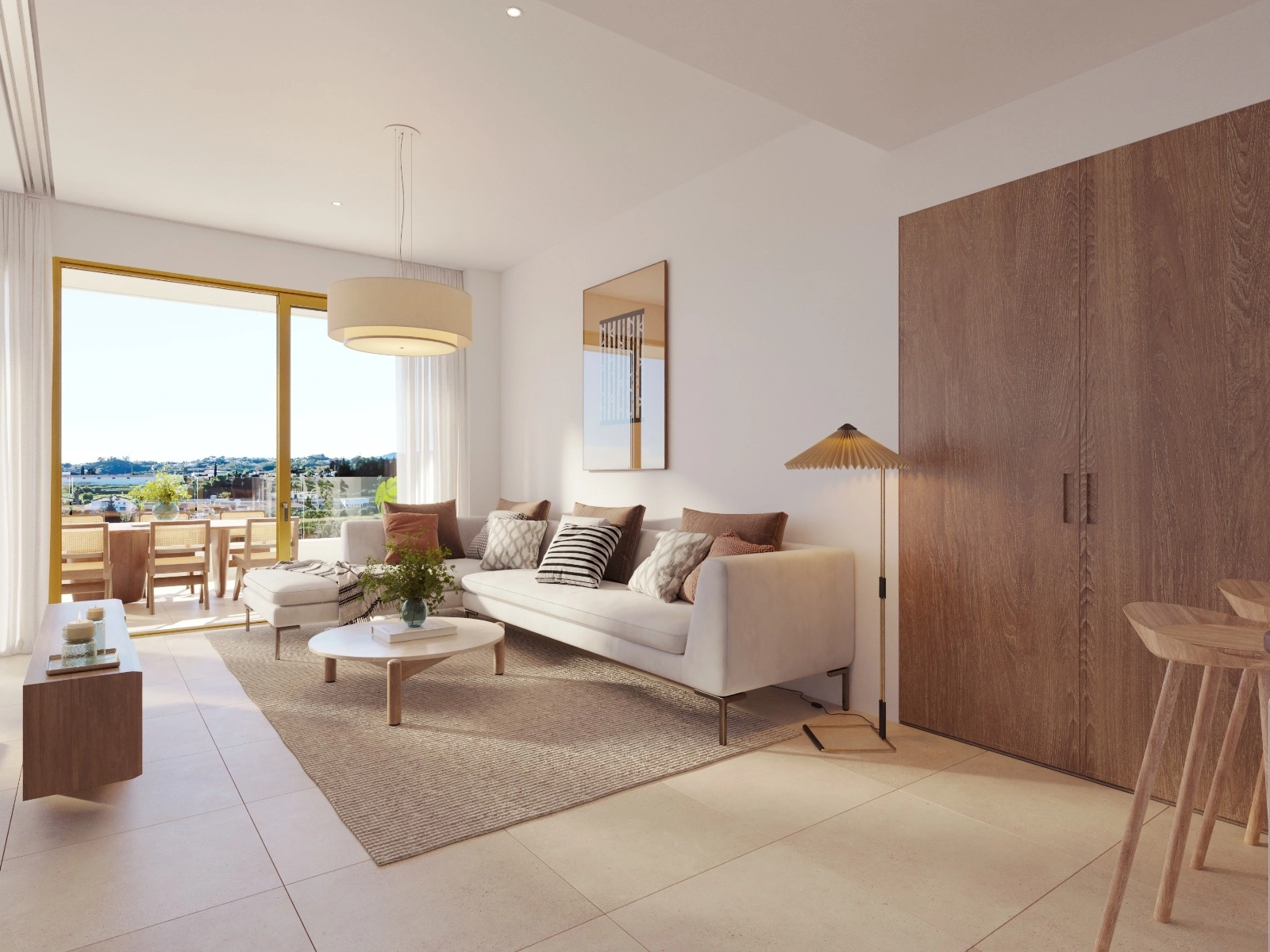 Et lyst og moderne oppholdsrom, designet med materialer av høy kvalitet for optimal komfort.