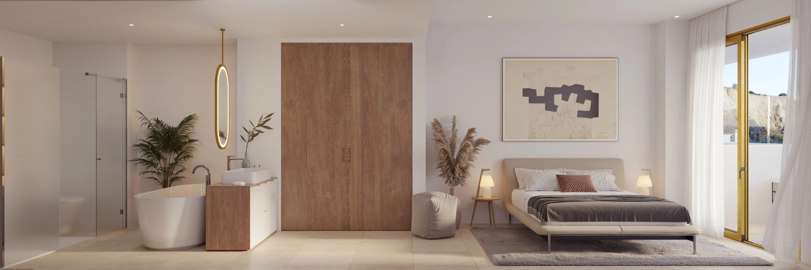 Hovedsoverommet tilbyr et rolig tilfluktssted med et elegant, åpent baddesign.