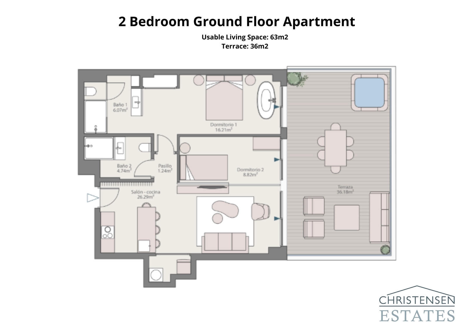 En romslig toroms leilighet i første etasje som tilbyr en sømløs forbindelse til en stor privat terrasse og hageområde.