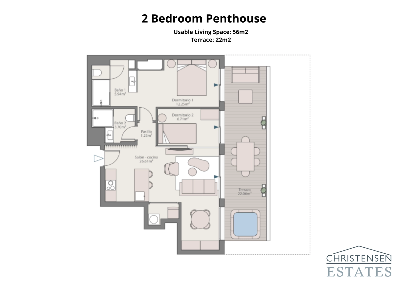 Toroms penthouse-leiligheten tilbyr effektiv utnyttelse av plassen, med utgang til en privat terrasse med utmerket utsikt.