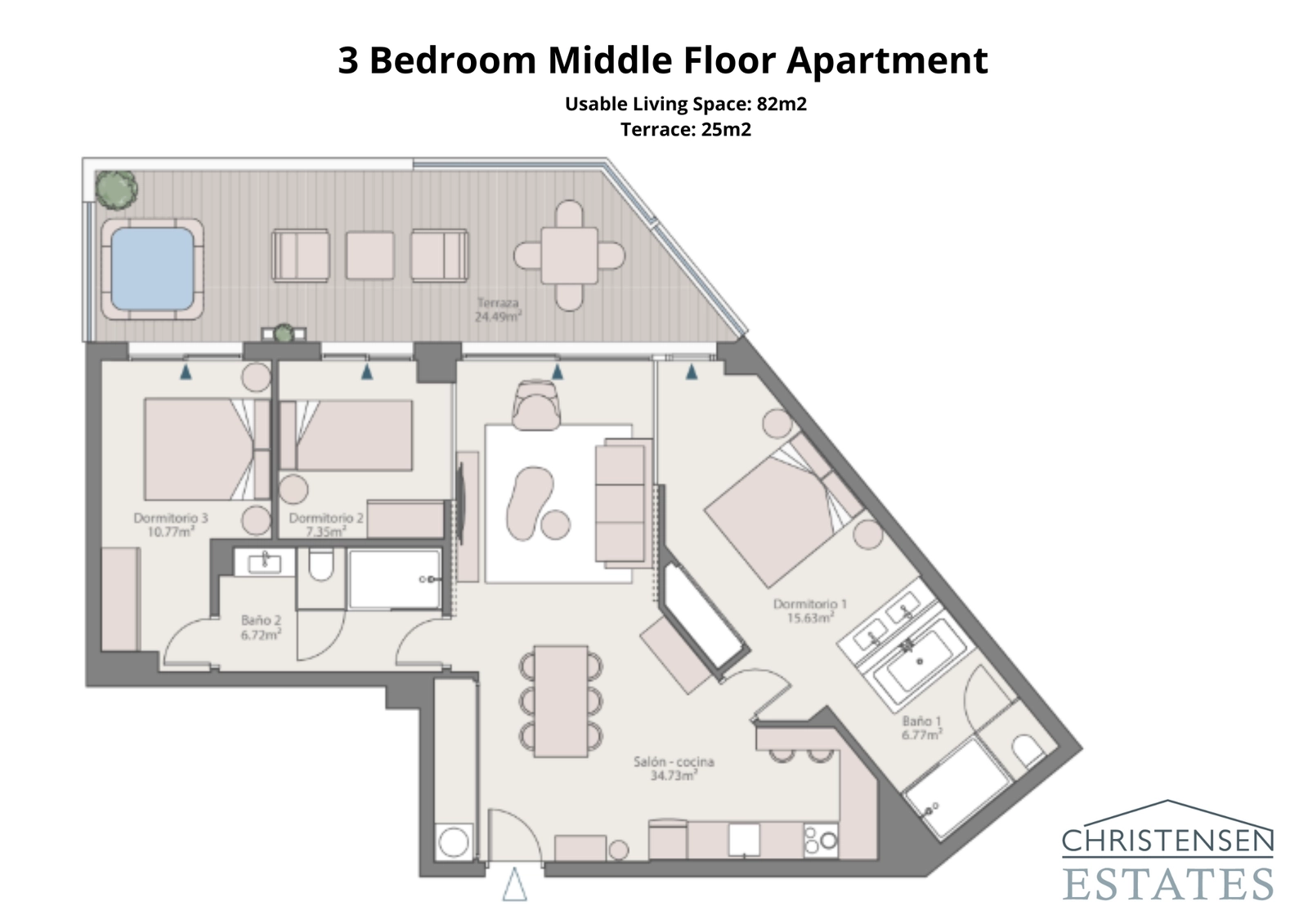 En ekspansiv treroms leilighet med et stort åpent stue- og kjøkkenområde, forbundet med en bred terrasse for familiehygge.