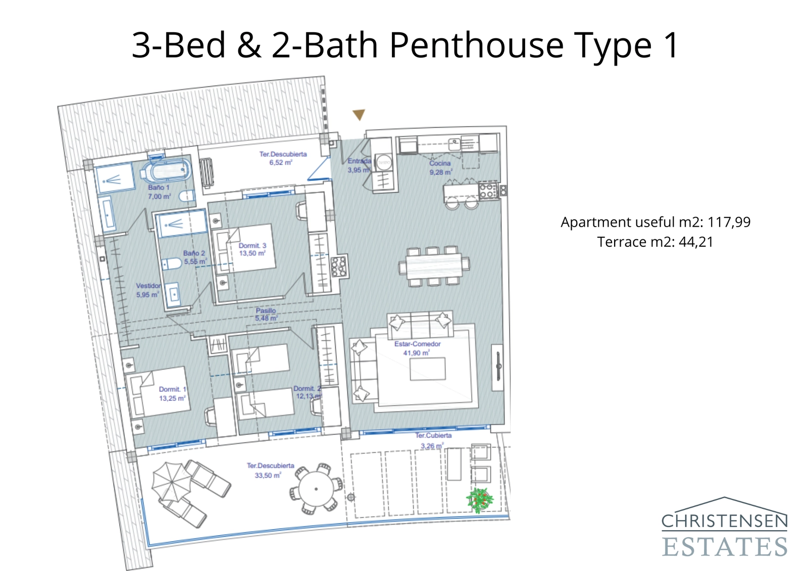 Denne planløsningen for en toppleilighet med 3 soverom tilbyr et intelligent design på ett plan, med sjenerøse stueområder og store terrasser for å maksimere nytten av utsikten.