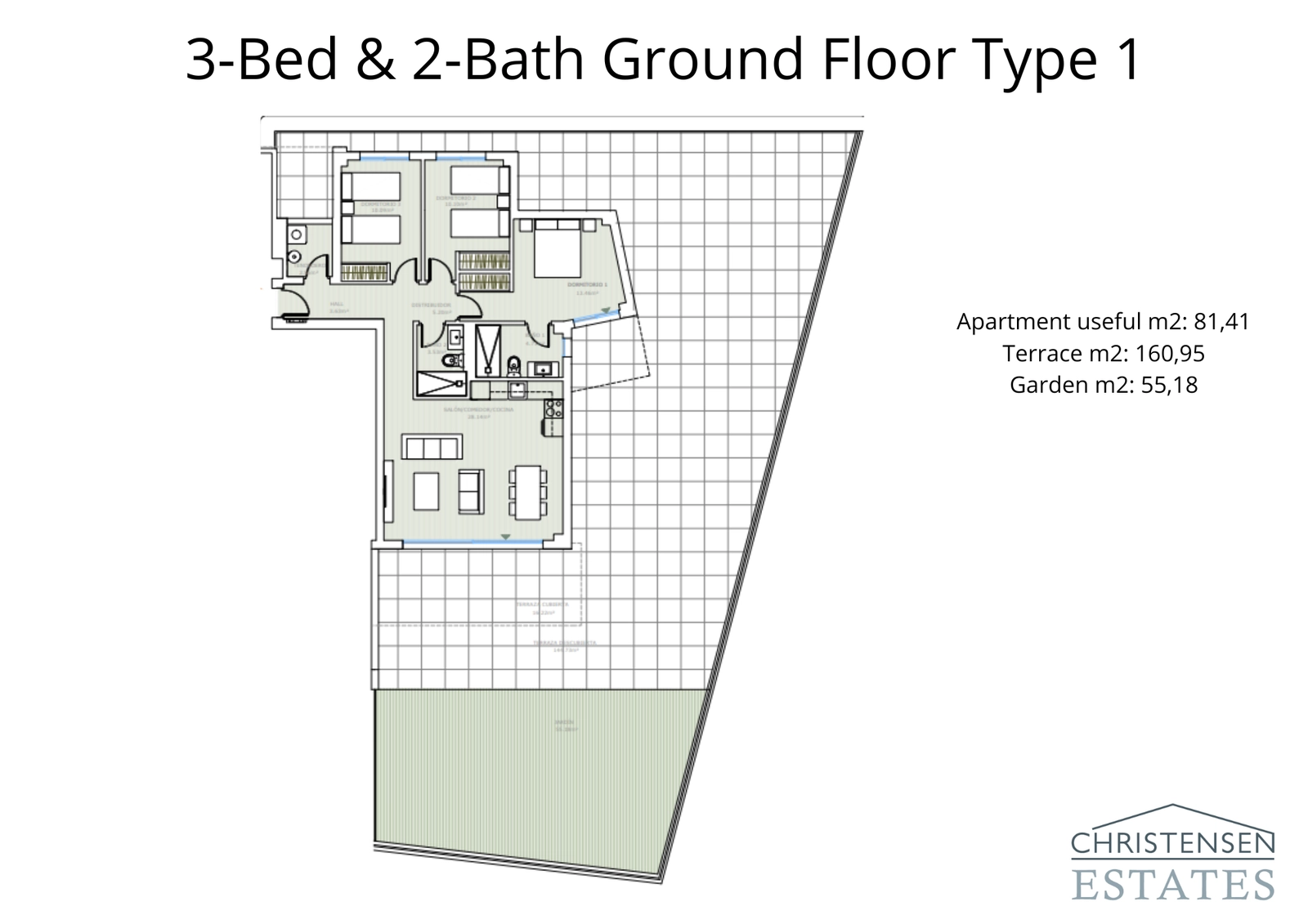 En romslig tre-roms leilighet i første etasje, komplett med en stor terrasse og en privat hage for det ultimate utendørslivet.