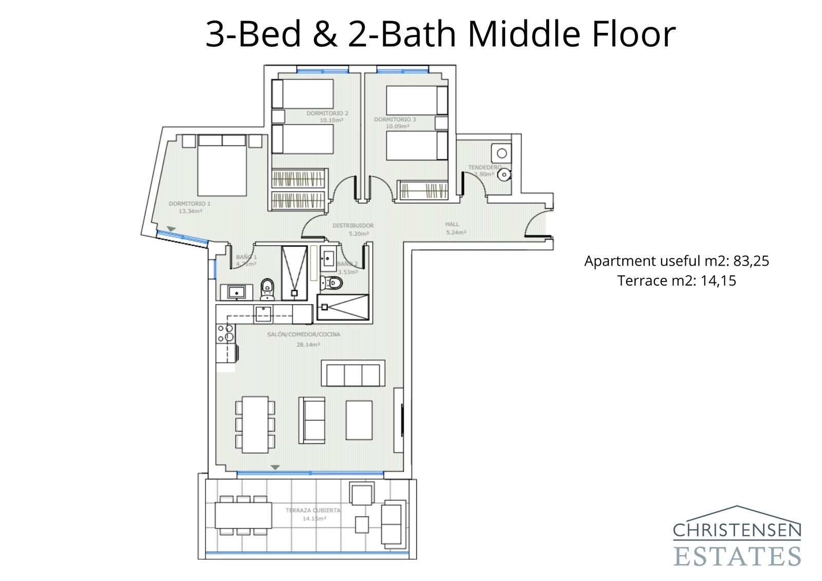 En veldesignet tre-roms leilighet i midtetasjen med en komfortabel planløsning og en privat terrasse for å nyte utsikten.