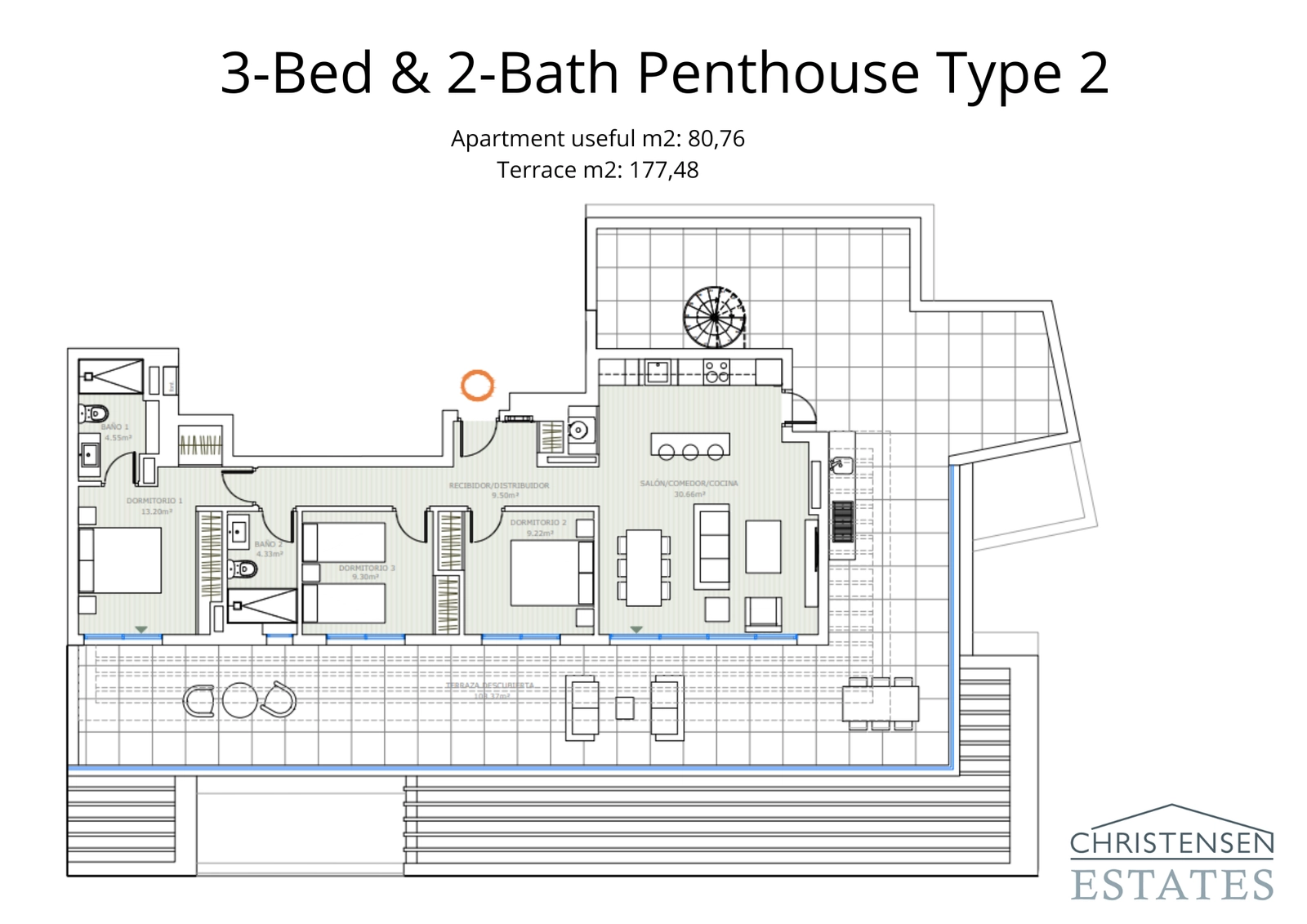 En imponerende tre-roms penthouseplanløsning med en enorm terrasse, perfekt for underholdning og for å nyte panoramautsikt over Costa del Sol.