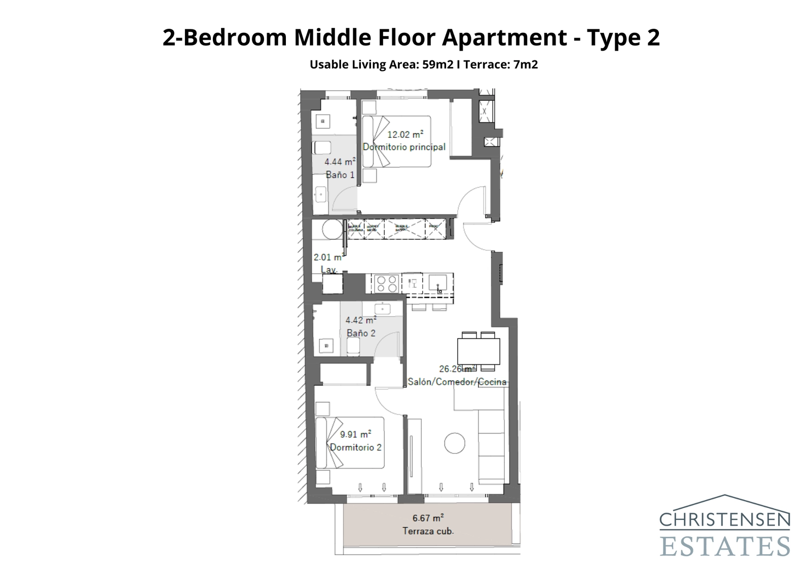 En veldesignet to-roms leilighet med en romslig stue som åpner ut mot en sjenerøs overbygd terrasse.