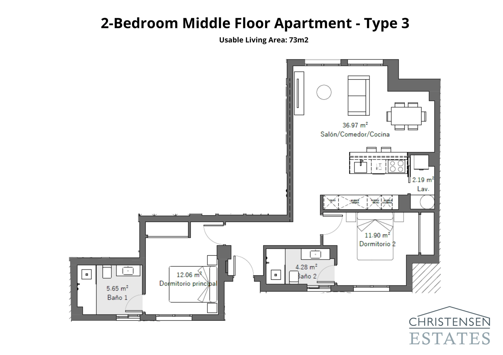 Et romslig to-roms hjem med en sjenerøs åpen stue- og spisestueplanløsning designet for moderne livsstil.