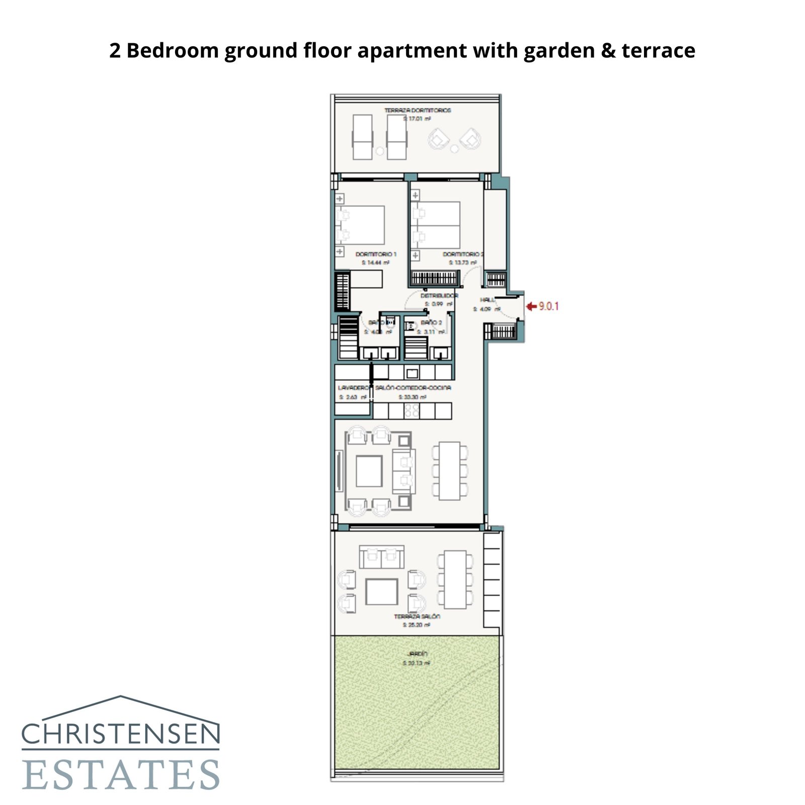 Denne plantegningen for en leilighet med to soverom i første etasje viser en romslig planløsning med direkte tilgang til en privat hage og terrasse, og tilbyr en sømløs innendørs-utendørs boopplevelse.