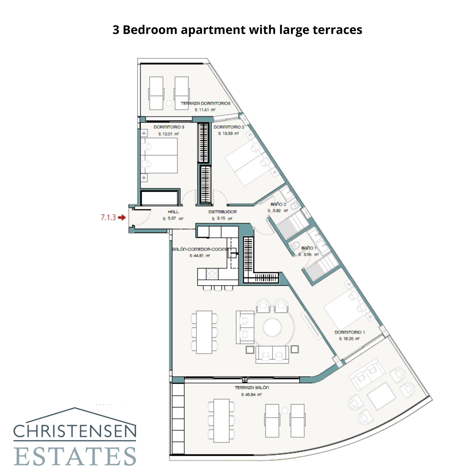 En velutformet plantegning for en leilighet med tre soverom, med to store terrasser for å maksimere lys, plass og tilgang til den vakre hav- og fjellutsikten.