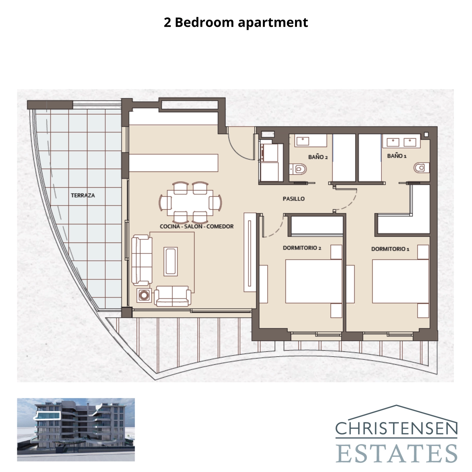 Planløsning for en romslig leilighet med to soverom, med åpen stue og en stor terrasse for å maksimere utsikt og lys.