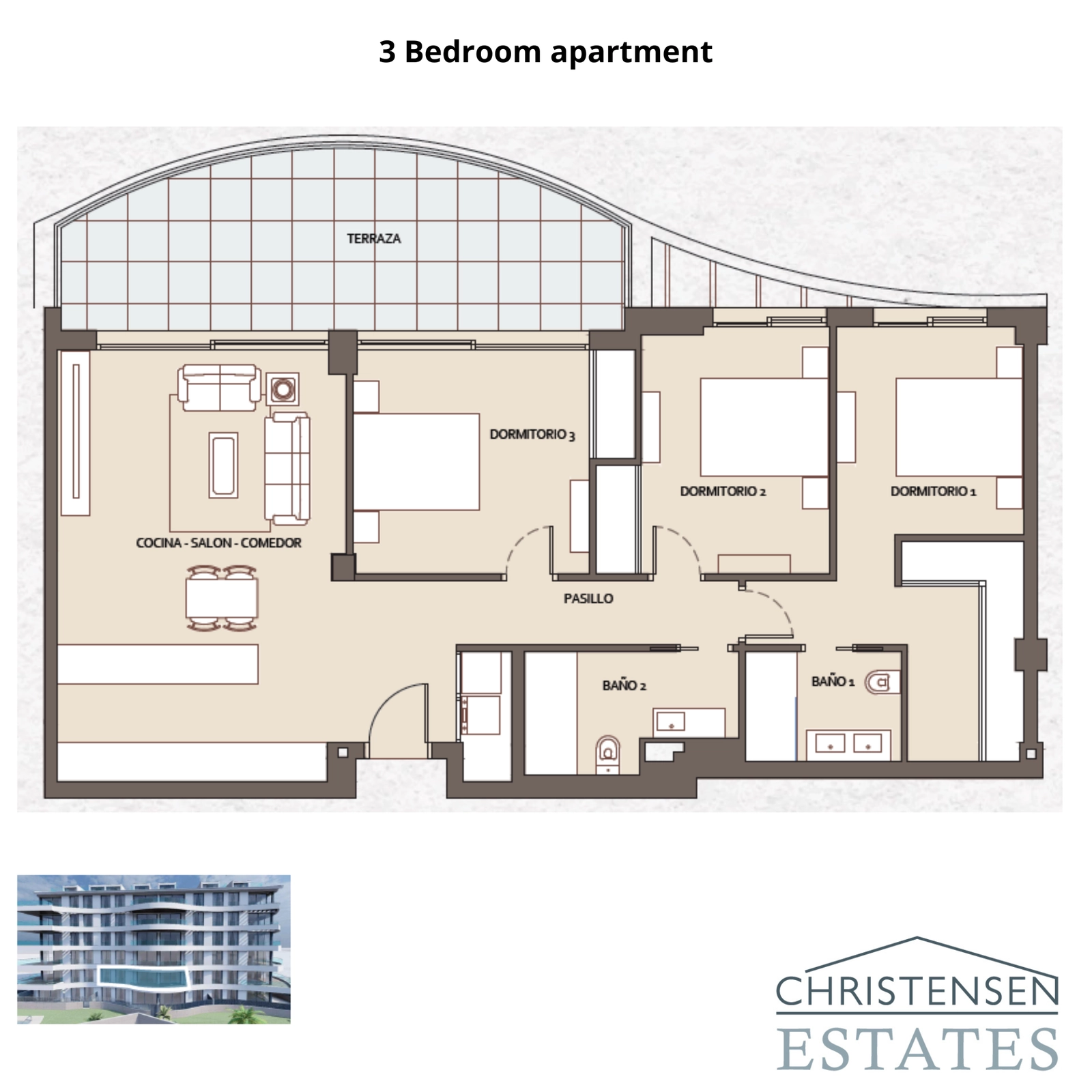 Plantegning for en bolig med tre soverom, designet for familier med sjenerøse romstørrelser og en sømløs overgang til uteområdet.