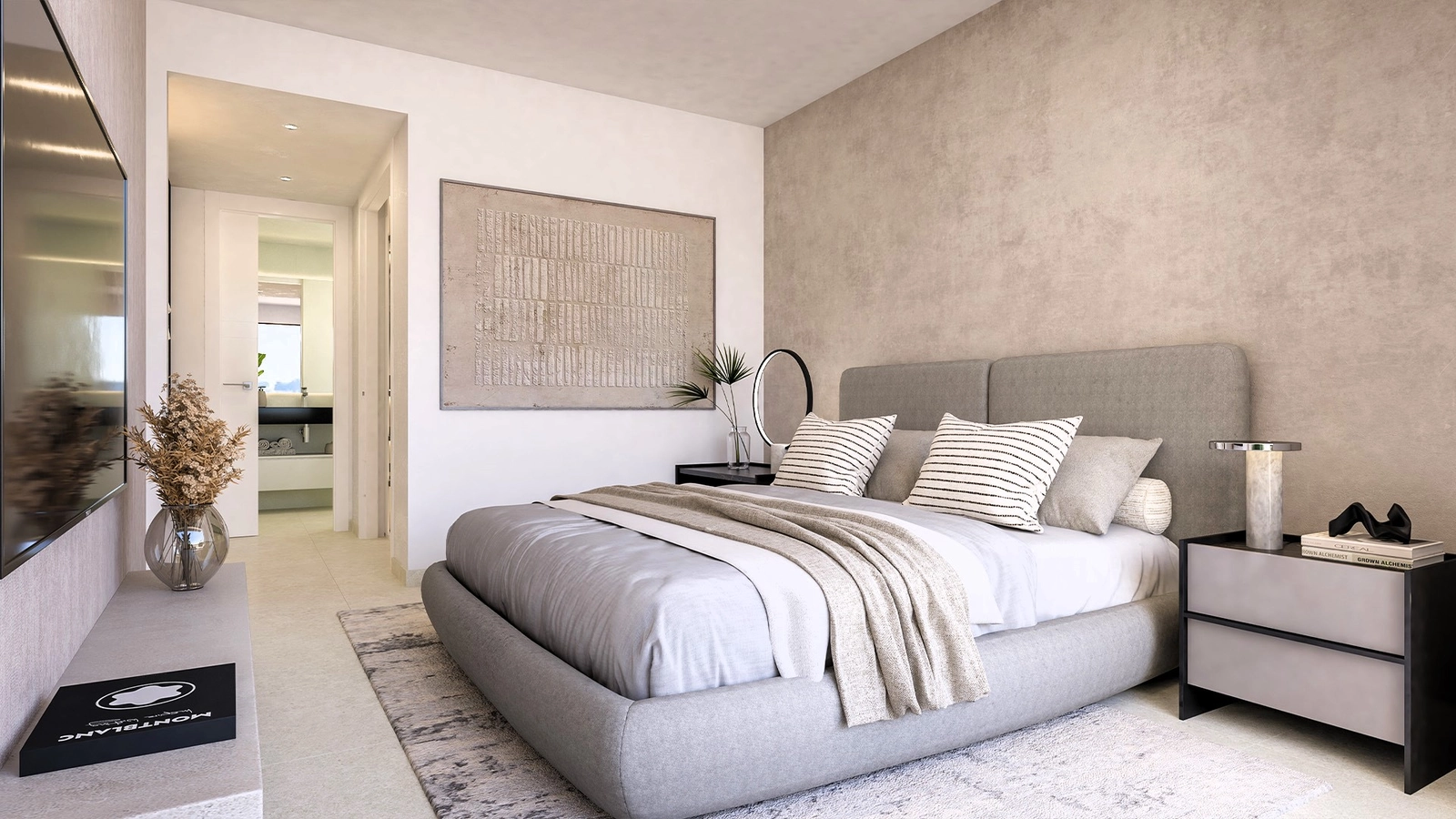 Et stilfullt og rolig soverom i en av villaene, som tilbyr et fredelig tilfluktssted etter en dag i solen.