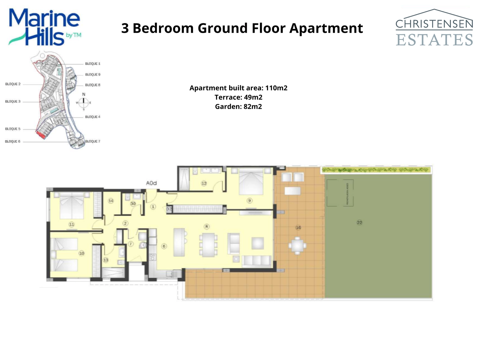 Denne plantegningen for en leilighet i første etasje med tre soverom fremhever den romslige terrassen og den private hagen, som utvider boarealet utendørs.