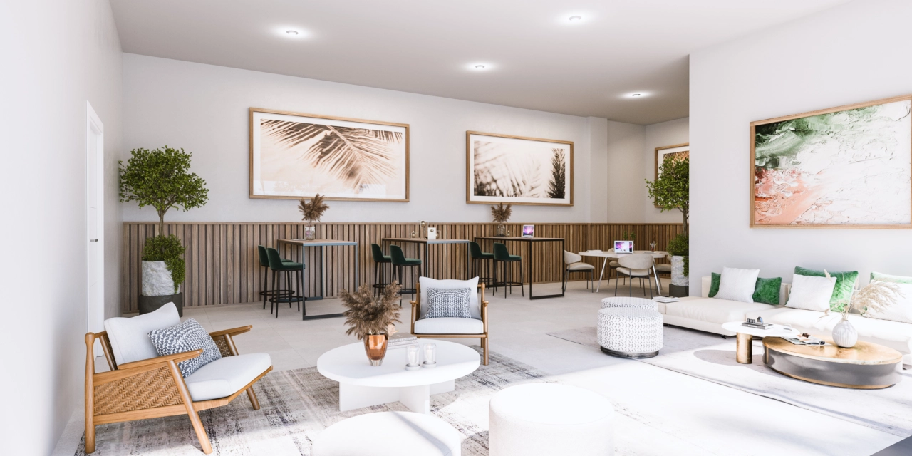 Et komfortabelt og stilfullt coworking-område lar beboerne jobbe eller møtes uten å forlate hjemmet.