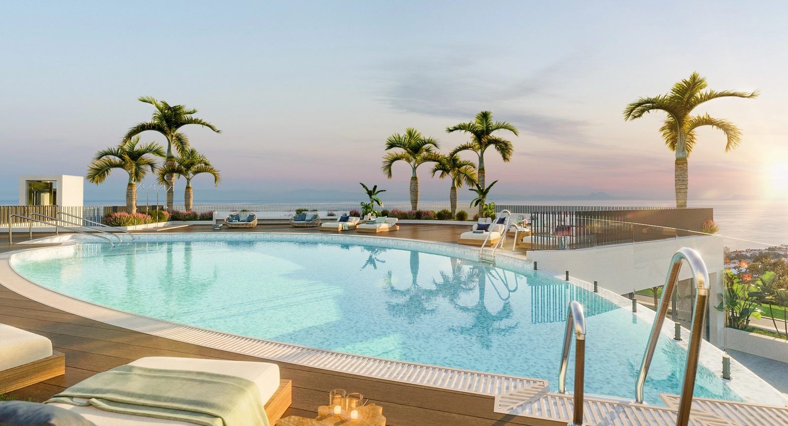 Nyt fantastiske solnedganger fra det vakre felles svømmebassenget.