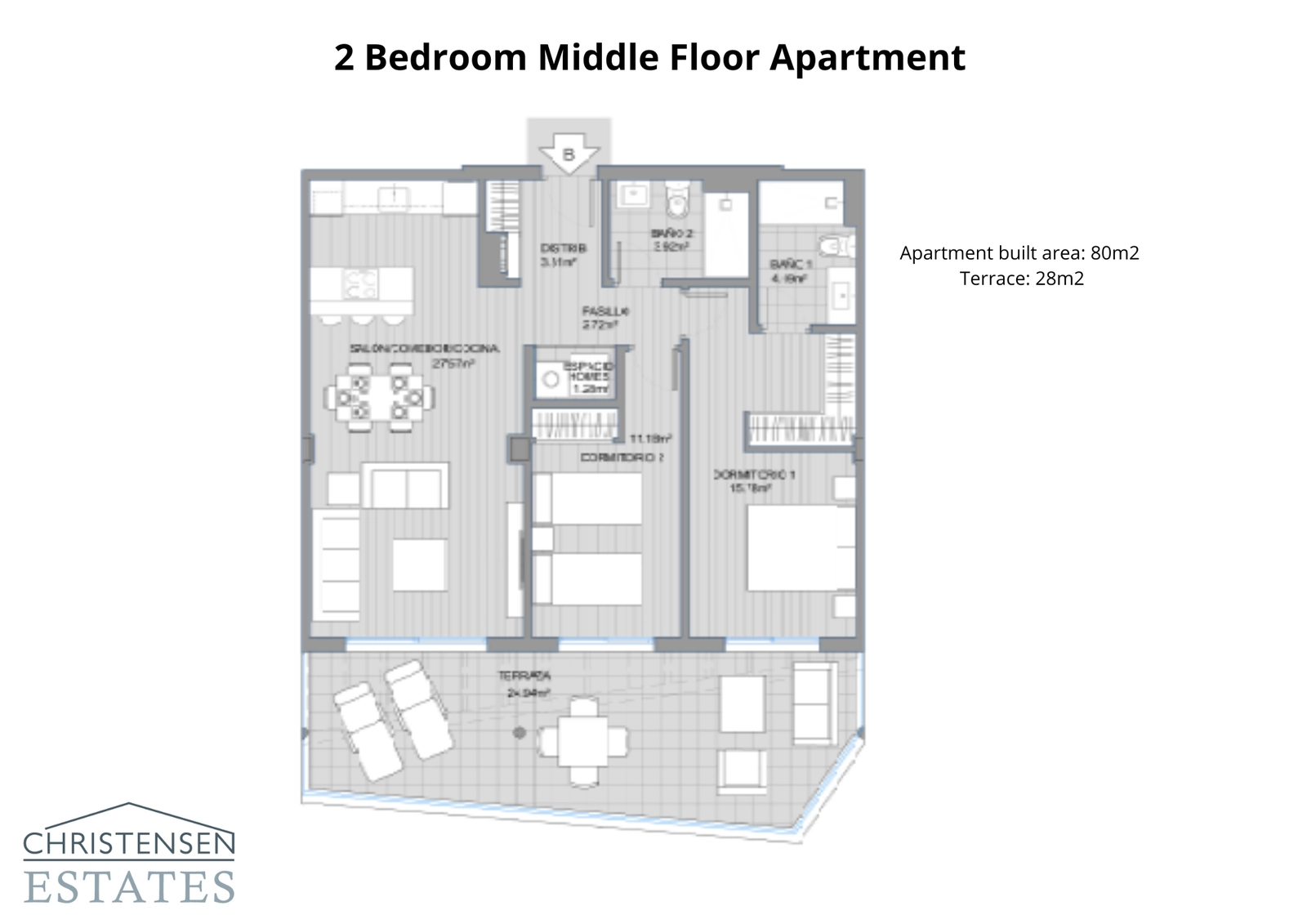 En godt designet to-roms leilighetsplan, som tilbyr en komfortabel layout med åpen stue og en romslig terrasse.