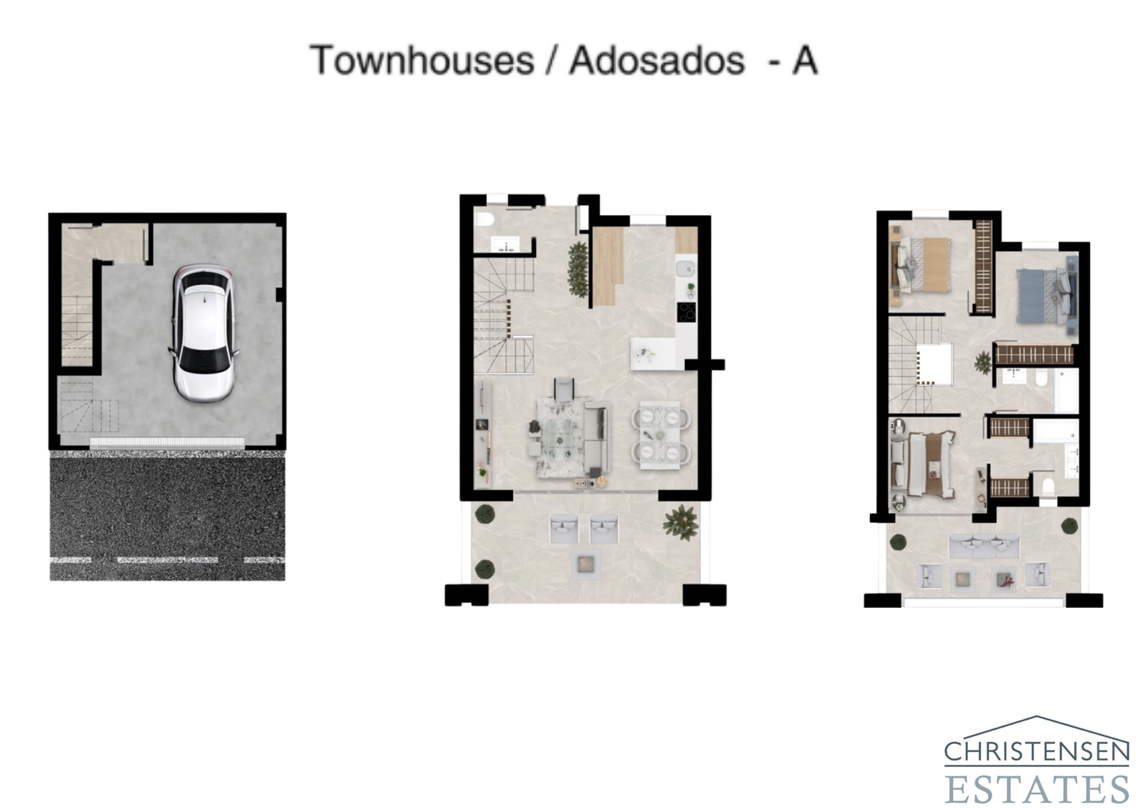 Plantegning for rekkehus Type A, som viser tre etasjer inkludert privat garasje, åpen stue/kjøkkenløsning og soverom.