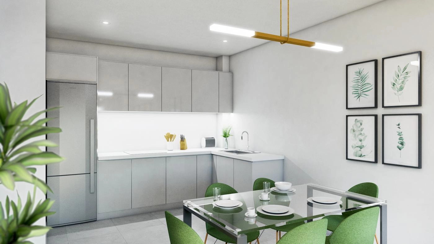 Elegant, moderne kjøkken fullt utstyrt med hvitevarer og overflater av høy kvalitet.