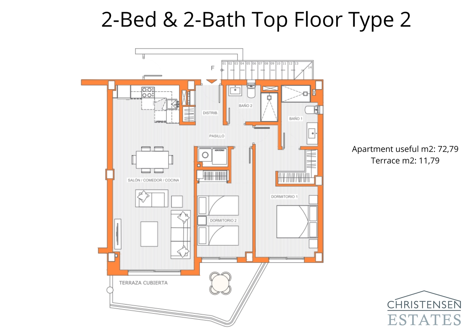 Denne effektive toppleilighetsdesignen tilbyr to komfortable soverom og en sømløs overgang fra innendørs oppholdsrom til den private terrassen.