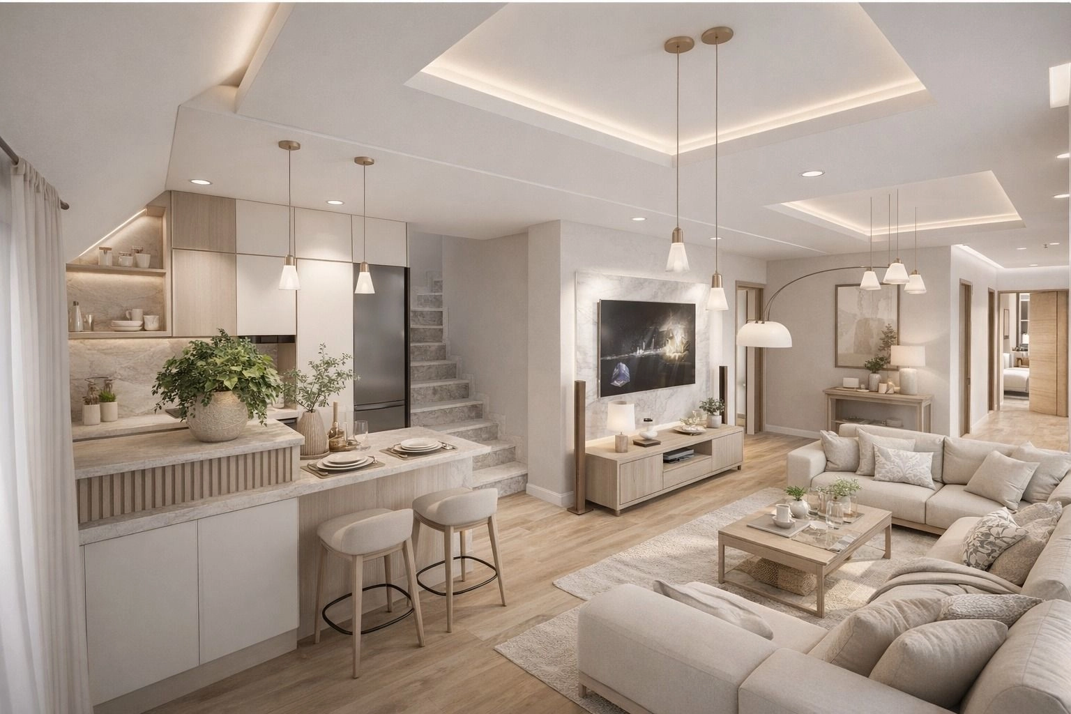 Et lyst og elegant oppholdsrom, designet for moderne komfort.