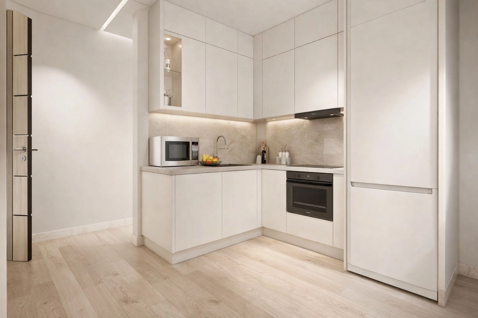 Et fullt utstyrt kjøkken av høy kvalitet med et rent og minimalistisk design.