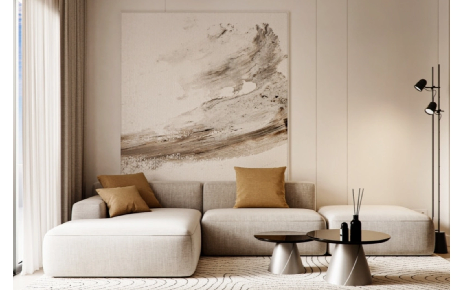 Lyse og romslige oppholdsrom designet for komfort og avslapning, med en nøytral, moderne estetikk.