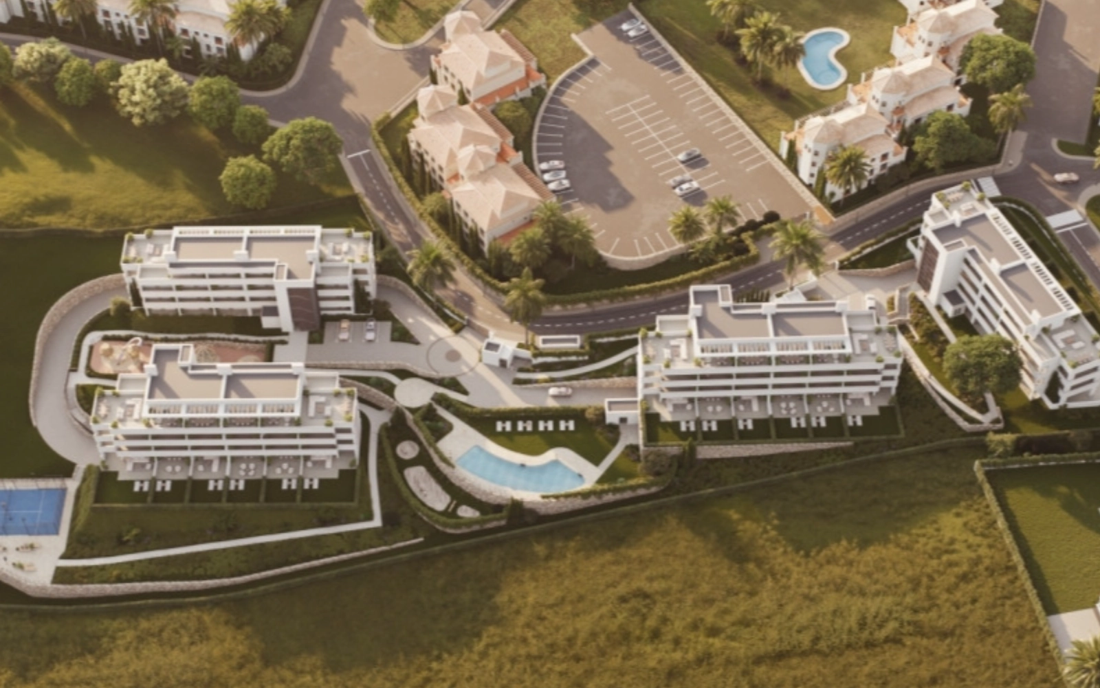 Et fugleperspektiv som viser den gjennomtenkte utformingen av prosjektet, designet for privatliv og fellesskap.