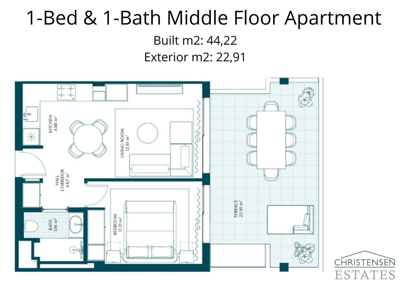 En veldesignet en-roms leilighetsplan for midtetasjene, som tilbyr en funksjonell planløsning og en privat terrasse.