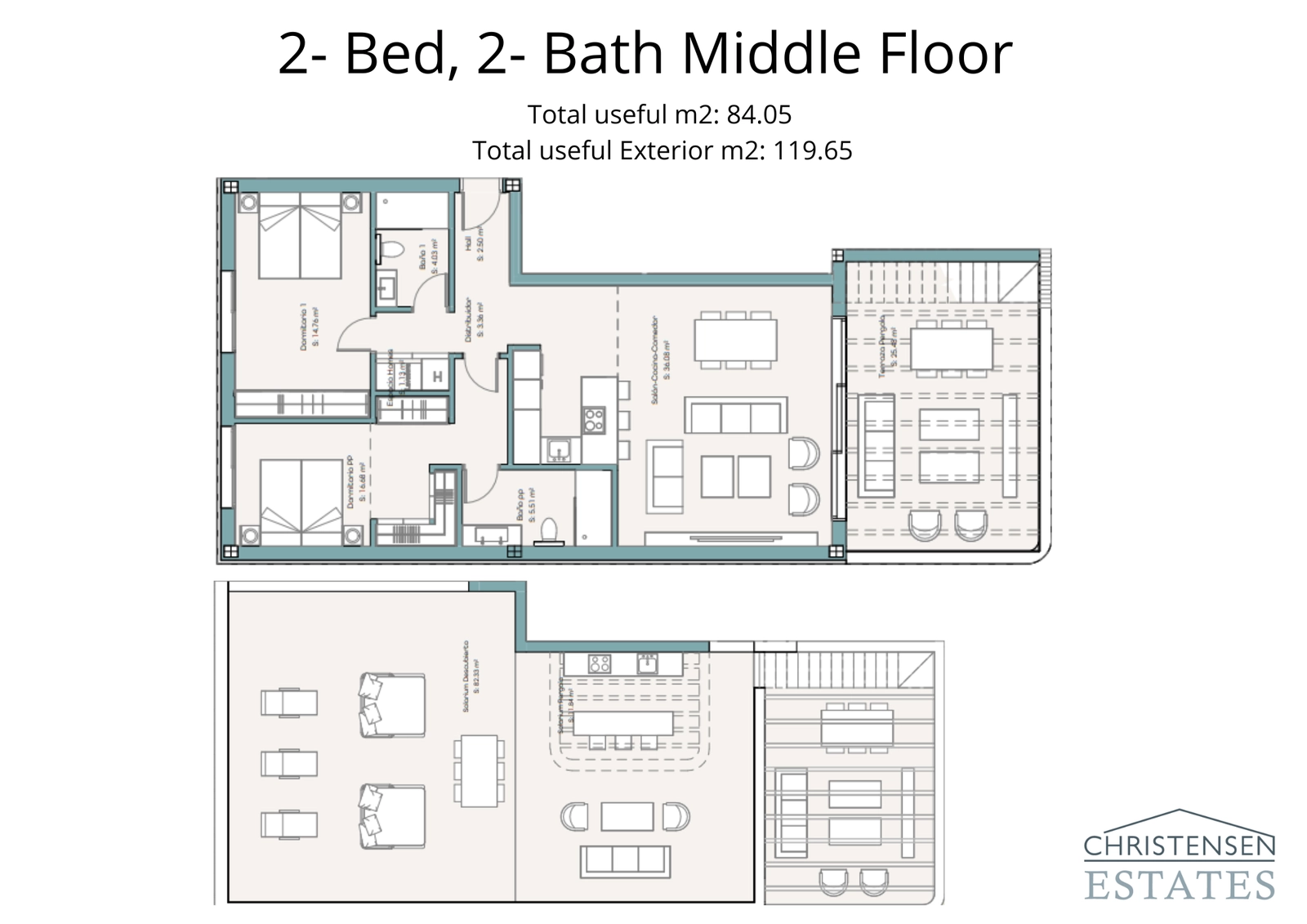 En velutformet to-roms leilighetsplan med omfattende uteområde fordelt på flere terrasser.