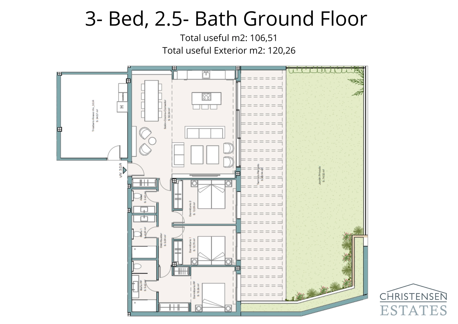 Romslig tre-roms planløsning i første etasje med en stor privat hage perfekt for familielivet.