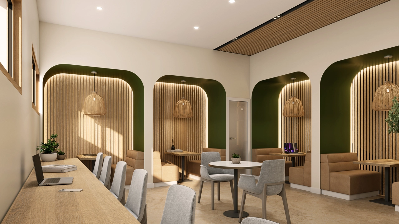 Et stilrent og funksjonelt samarbeidsrom, som gir et komfortabelt miljø for arbeid eller møter.