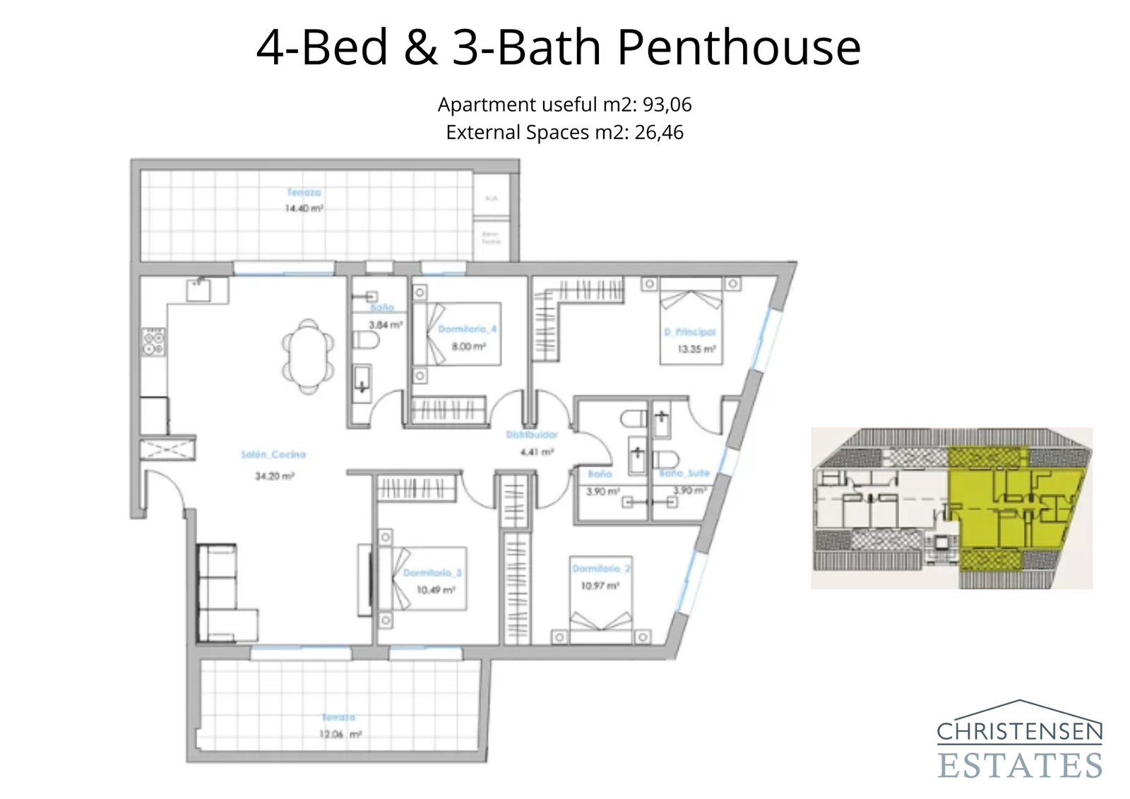 En omfattende fire-roms penthouse-planløsning, designet for luksusliv med et stort stueområde og to separate terrasser for å nyte utsikten.