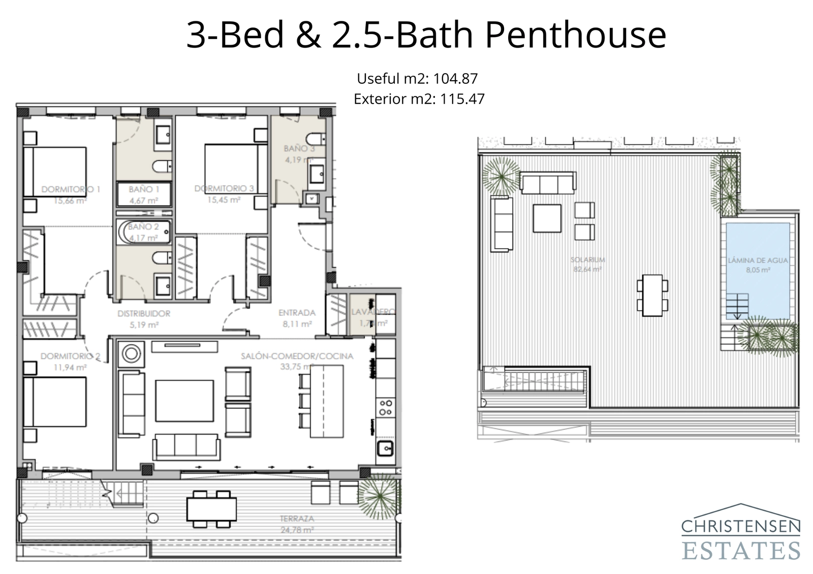Plantegningen for et tre-roms penthouse, med et ekspansivt taksolarium perfekt for underholdning og soling.