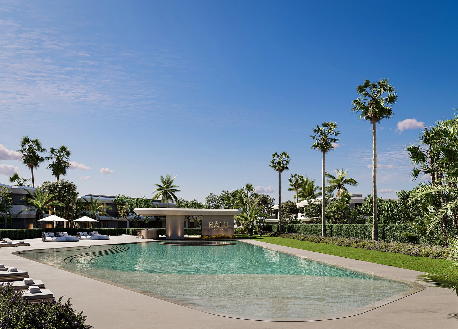 Slapp av ved det vakre utendørs evighetsbassenget omgitt av frodige hager.