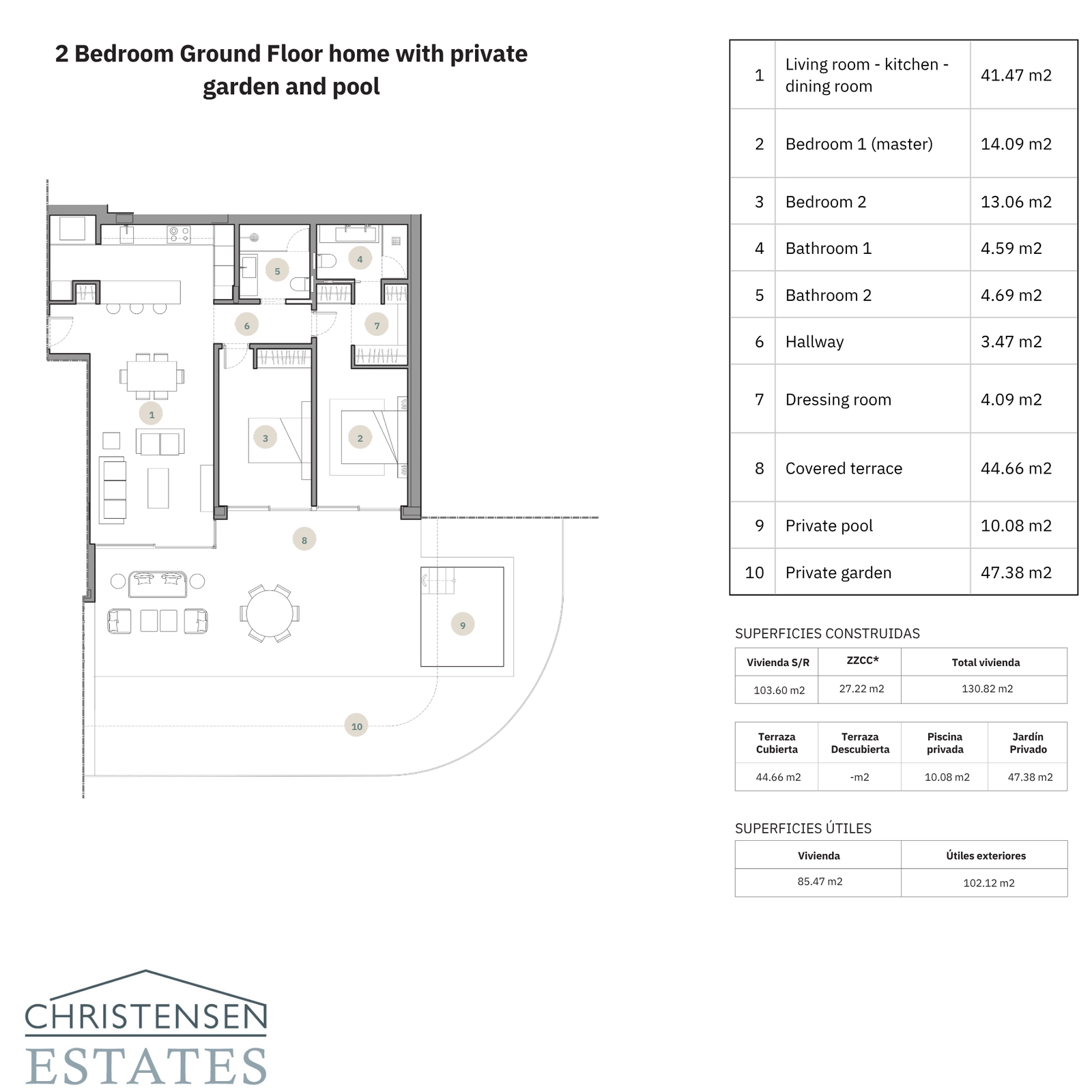 En romslig planløsning i første etasje med to soverom, med en sjenerøs privat hage og svømmebasseng.
