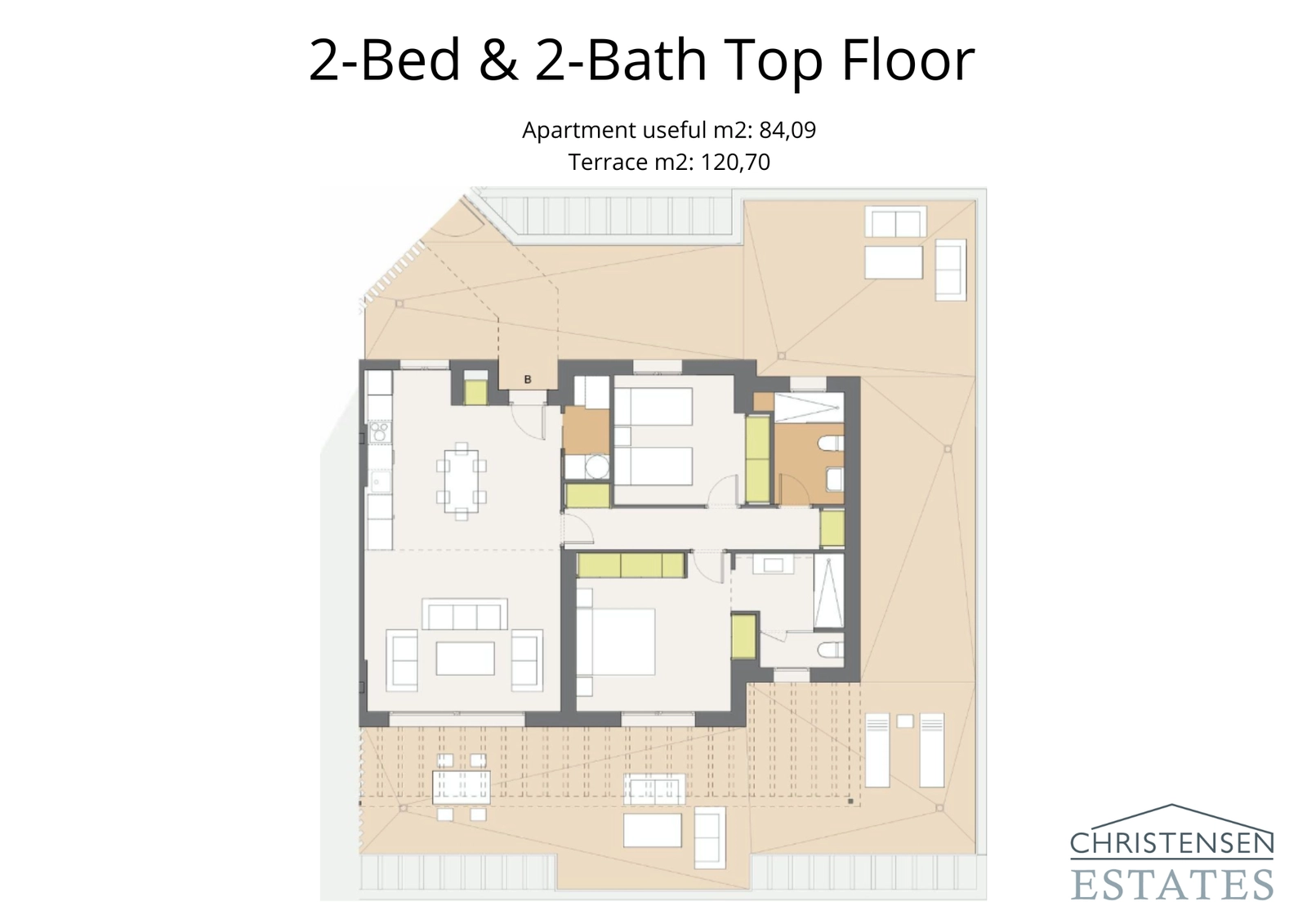 To-roms leilighet i toppetasjen med en romslig terrasse, som tilbyr privatliv og storslått utsikt.