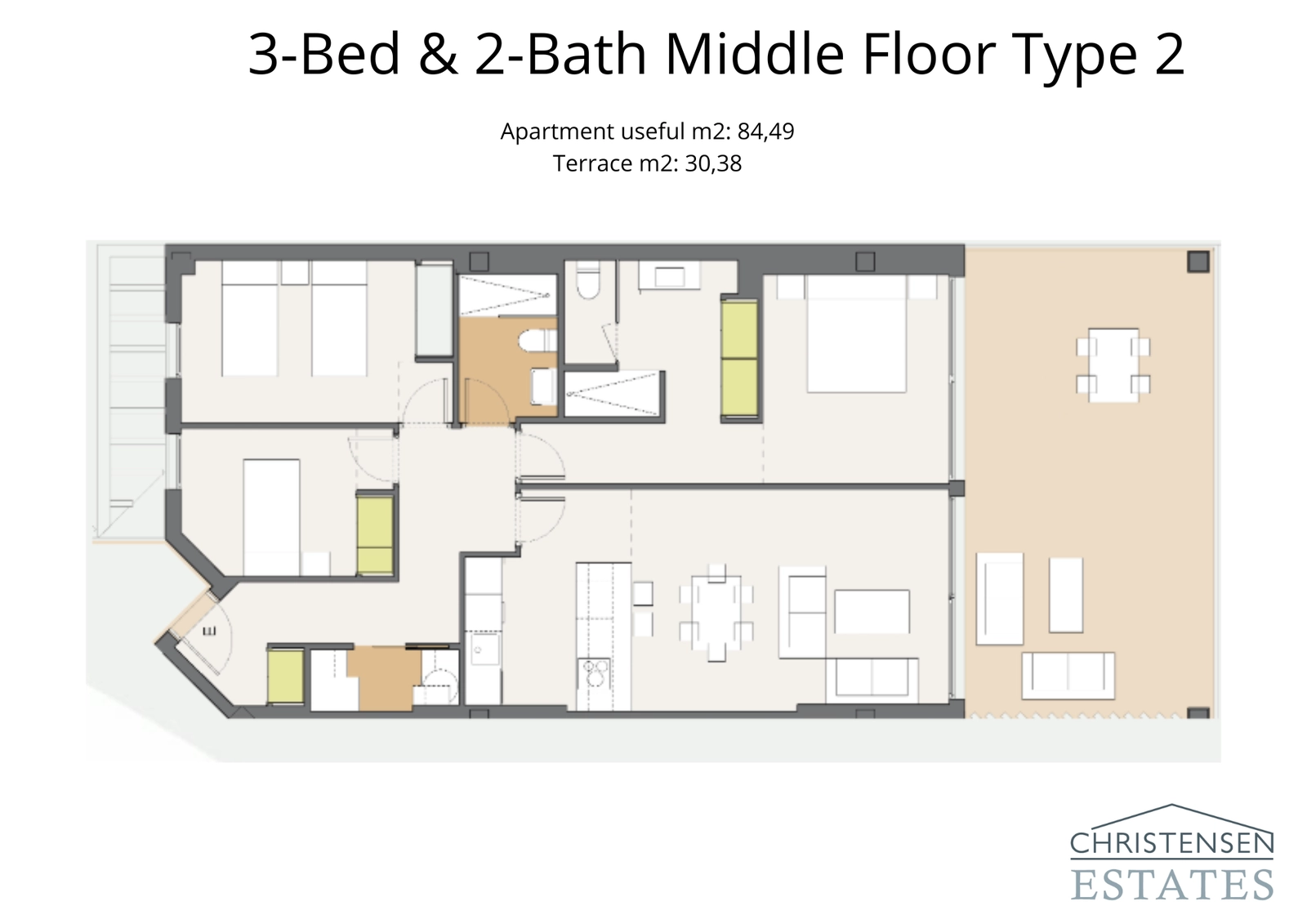 Alternativ tre-roms planløsning som tilbyr en smart fordeling av plass og en stor privat terrasse.