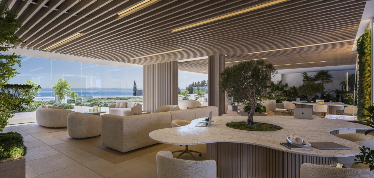 En sofistikert fellesstue og co-working-område, elegant designet for arbeid eller avslapning.