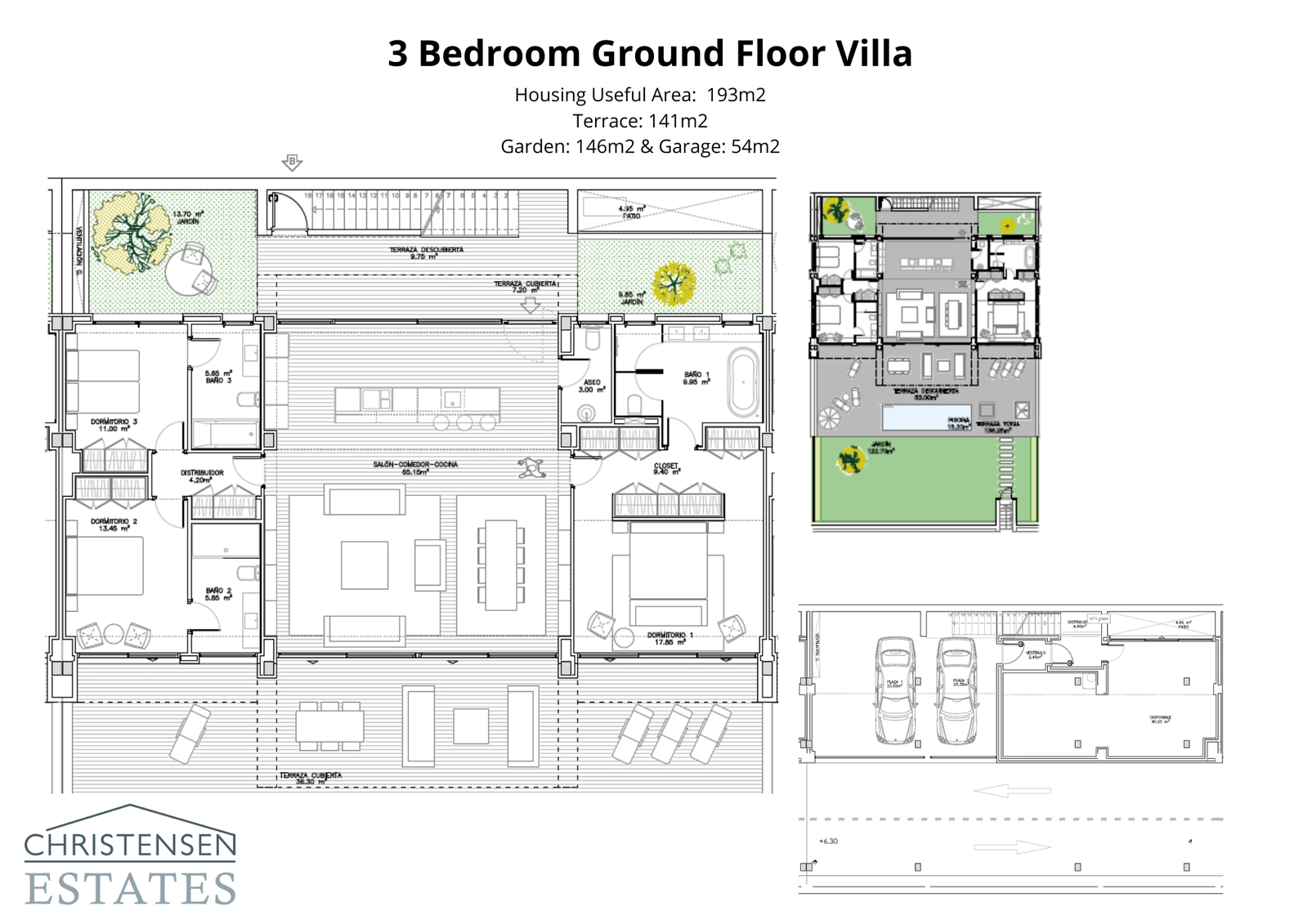 Plantegning for en eksklusiv villa med tre soverom, som detaljerer de ekspansive oppholdsrommene, privat basseng, hage og underjordisk garasje.