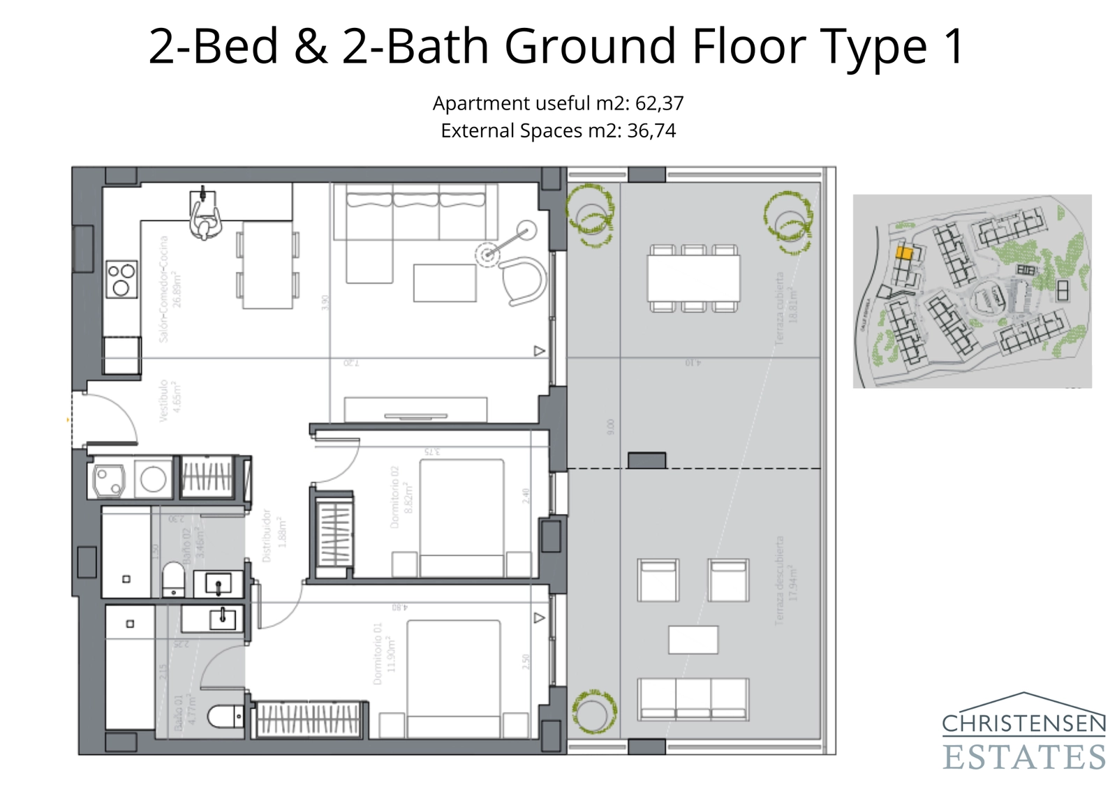 En veldesignet to-roms leilighet i første etasje, med en romslig terrasse som utvider boarealet utendørs.