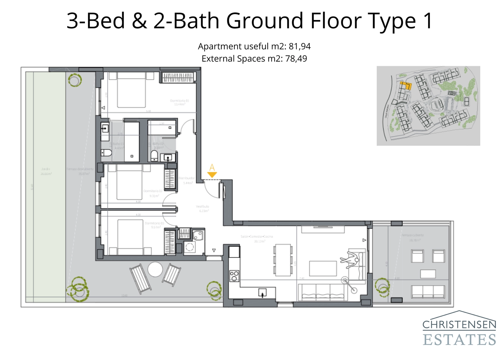 Denne romslige tre-roms planløsningen i første etasje inkluderer en privat hage og stor overbygd terrasse, ideell for familielivet.
