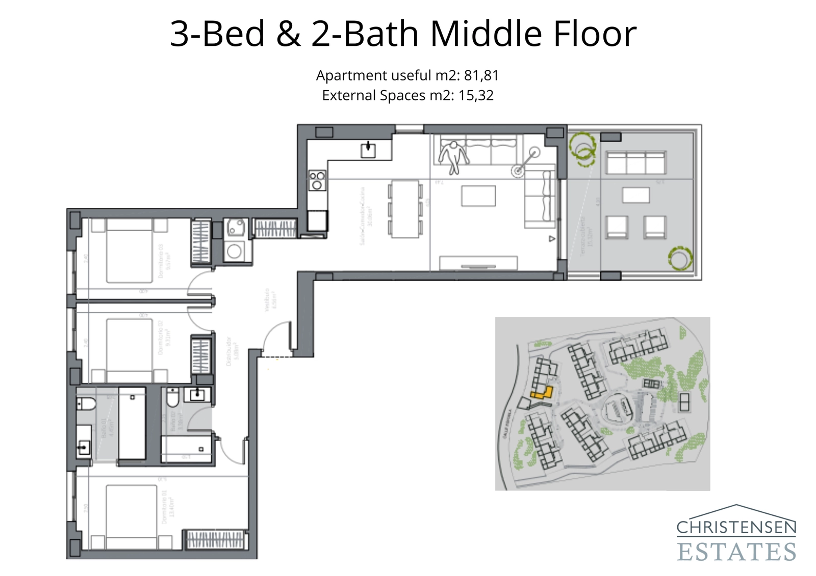 En tre-roms bolig i midtetasjen med en praktisk planløsning, som skiller soveområdene fra hovedstuen for privatliv.