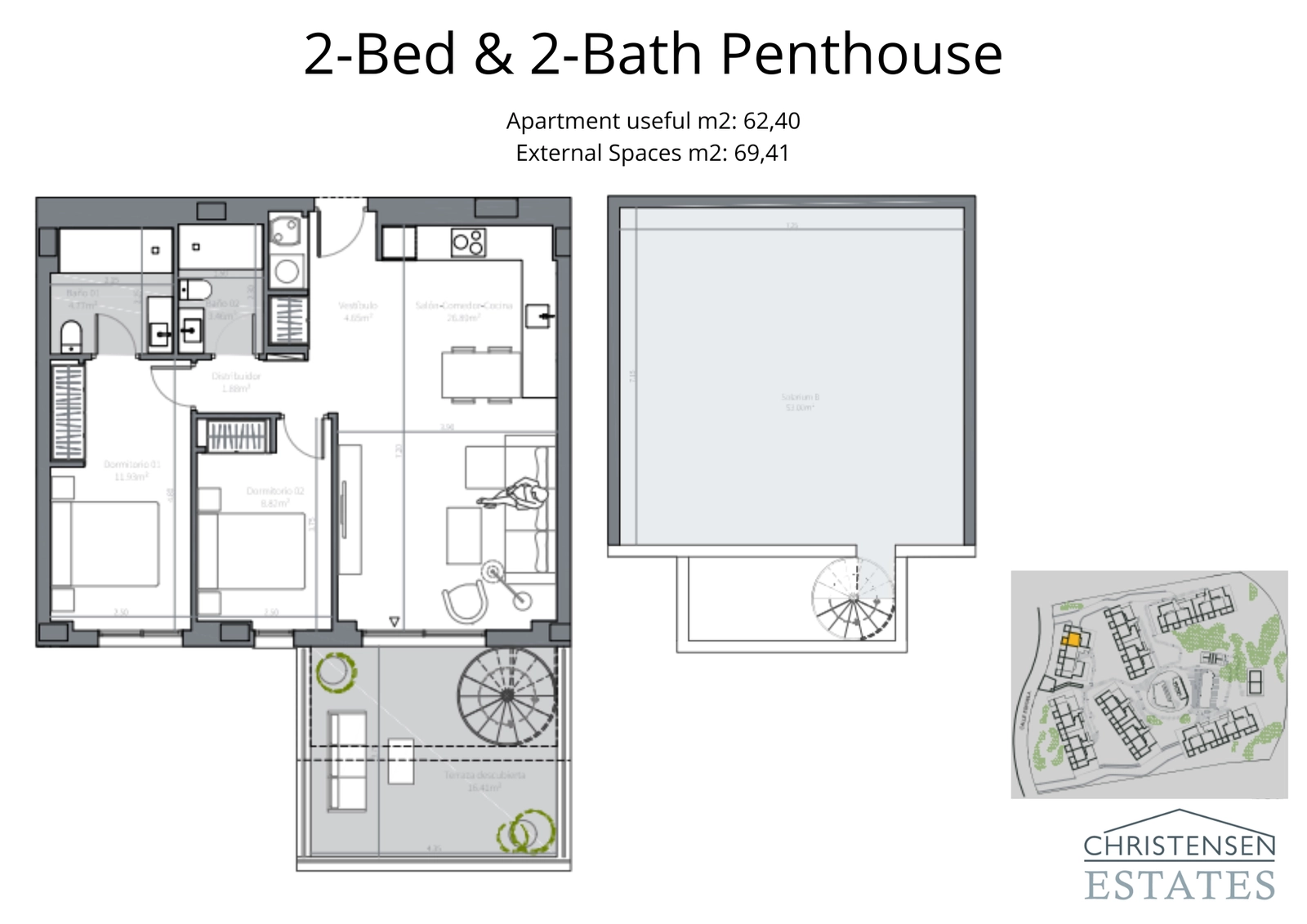 Eksklusiv to-roms toppetasjeleilighet med stor terrasse og en privat spiraltrapp som fører til et praktfullt solarium på taket.