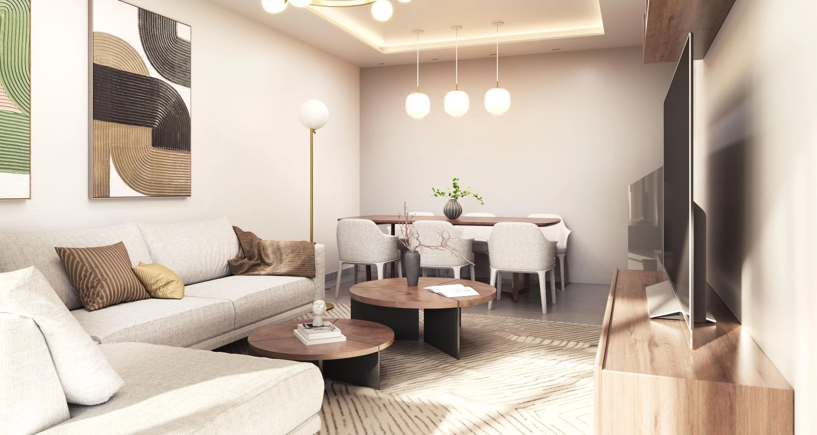 Stuen er designet for komfort, fylt med naturlig lys og moderne eleganse.