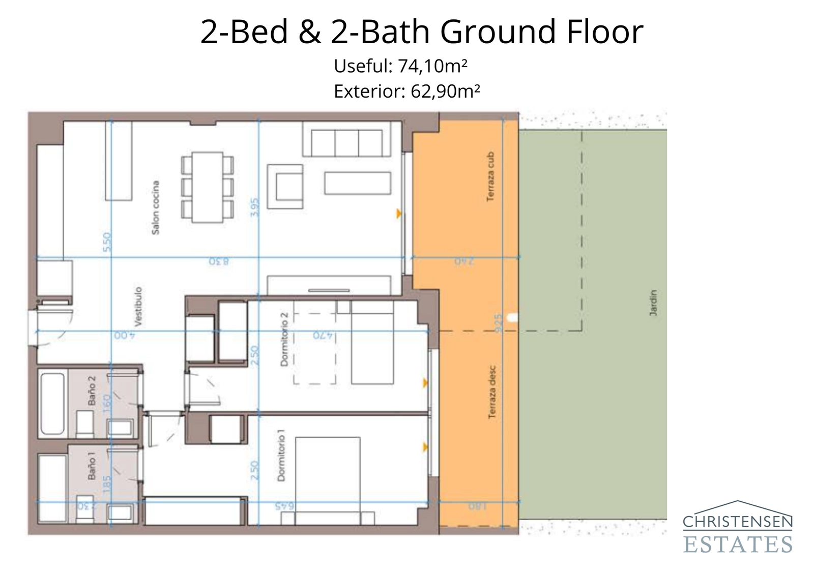 Denne to-roms grunnplanen viser en smart design som maksimerer plass og lys, og forbinder stueområdet med en sjenerøs terrasse og privat hage for sømløst utendørsliv.