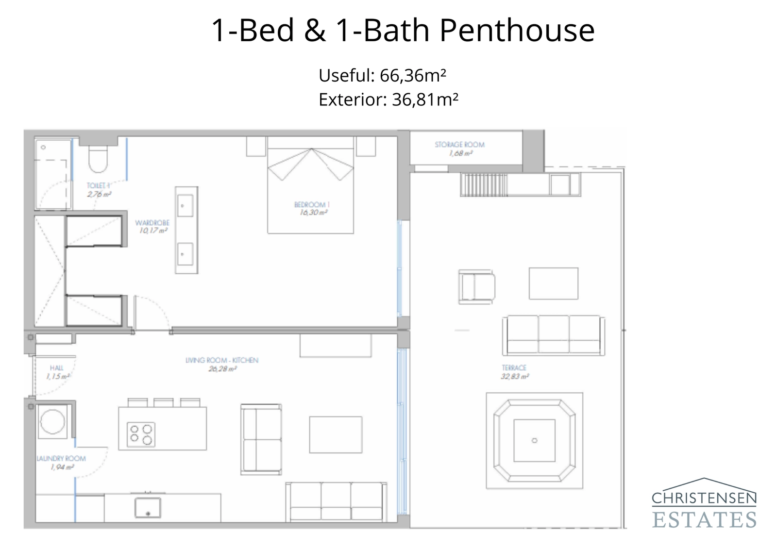 Denne planløsningen for penthouse med ett soverom tilbyr en intelligent bruk av plass, som forbinder stueområdet med en stor terrasse med privat boblebad.