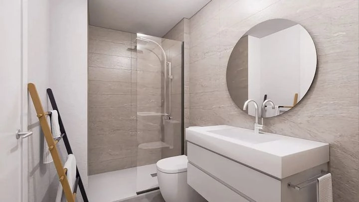 Moderne baderom er utført med elegante materialer av høy kvalitet.