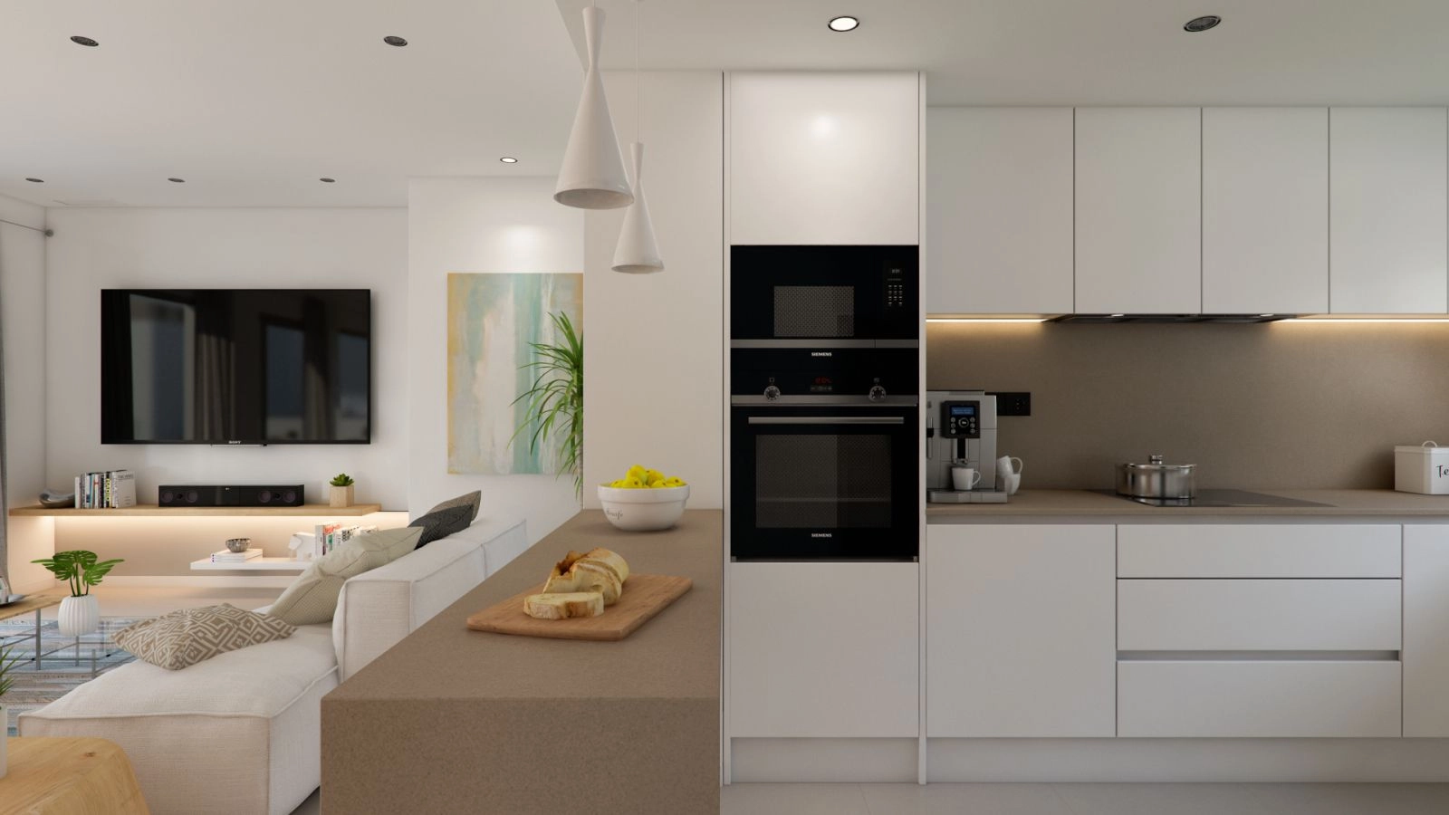Et elegant, moderne kjøkken fullt utstyrt med hvitevarer av høy kvalitet for en overlegen kulinarisk opplevelse.