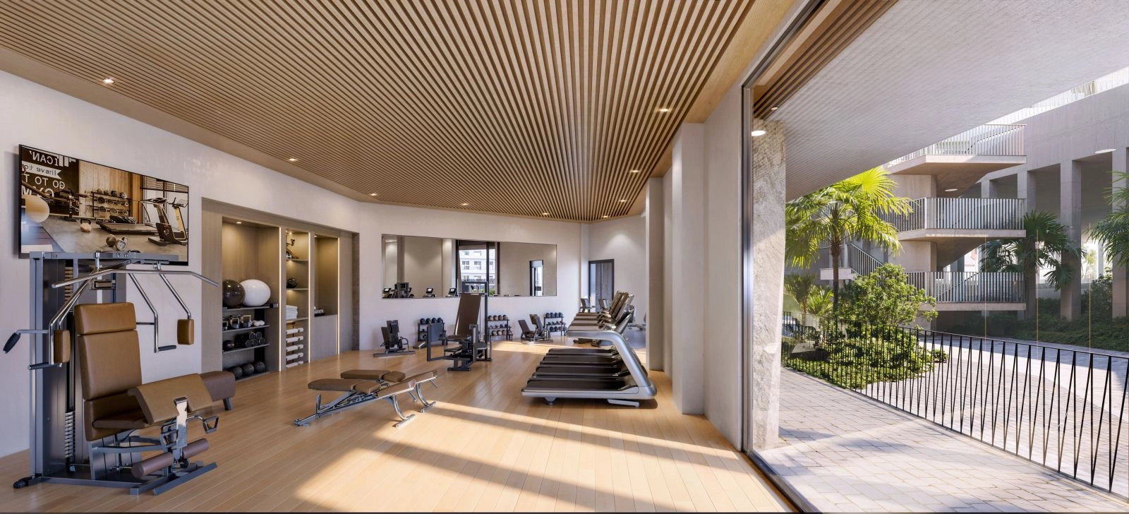 Hold deg aktiv i det fullt utstyrte innendørs treningsstudioet, designet for en moderne, sunn livsstil.