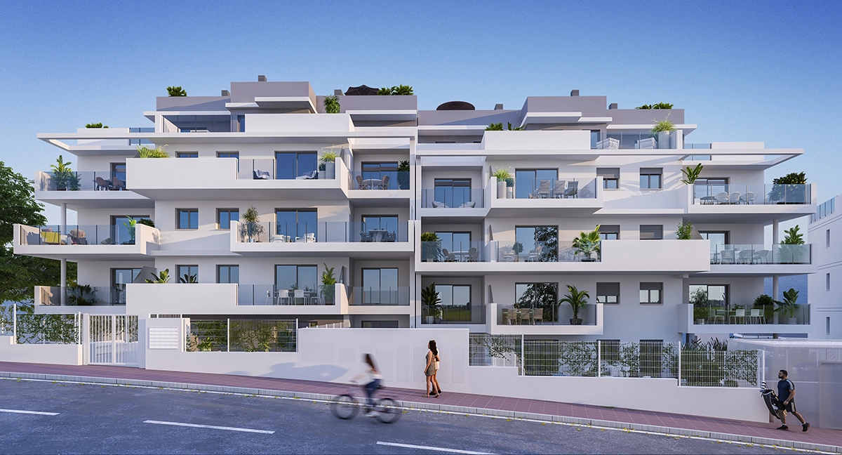 Bygningens moderne arkitektoniske design, med rene linjer og romslige terrasser.